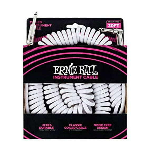 Ernie Ball 30' Coiled Straight / Angle Instrument Cable - White