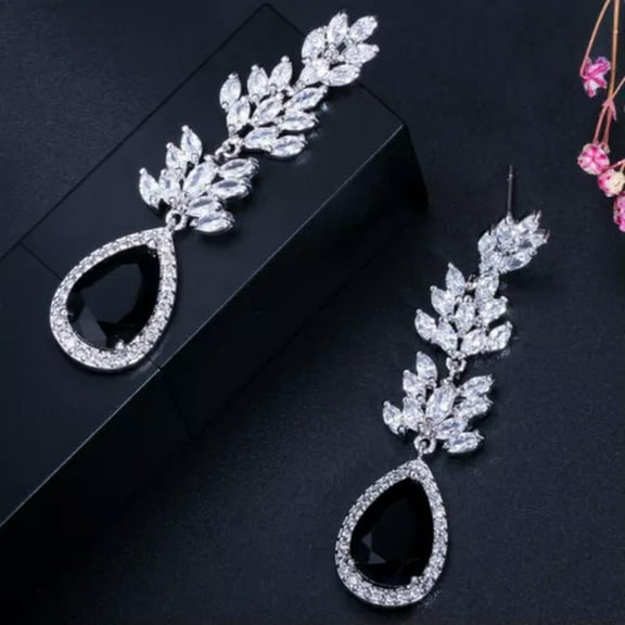 Silver Plated Long Black Stone Drop Wedding Earring Cubic Zirconia Women Jewelry