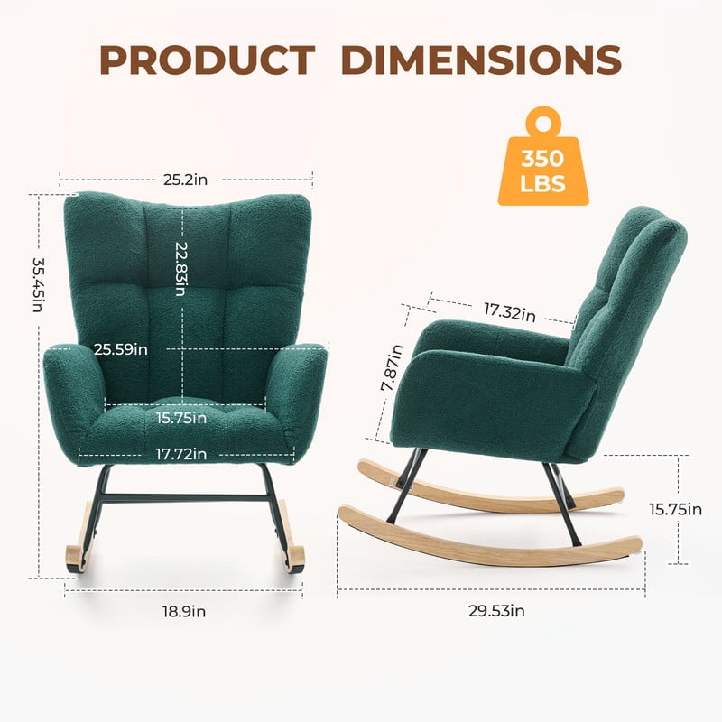 Gianna Rocking Chair with High Backrest, Teddy Upholstered Indoor Reading Glider Chair with Comfy Seat for Bedroom, Living Room, Green