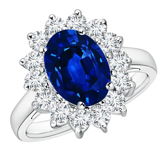Angara Bague en Saphir Bleu de Laboratoire - Bague en Saphir Bleu Inspirée de la Princesse Diana avec Halo de Diamant de Laboratoire en Platine pour Femme (Taille de Bague = 5,5)