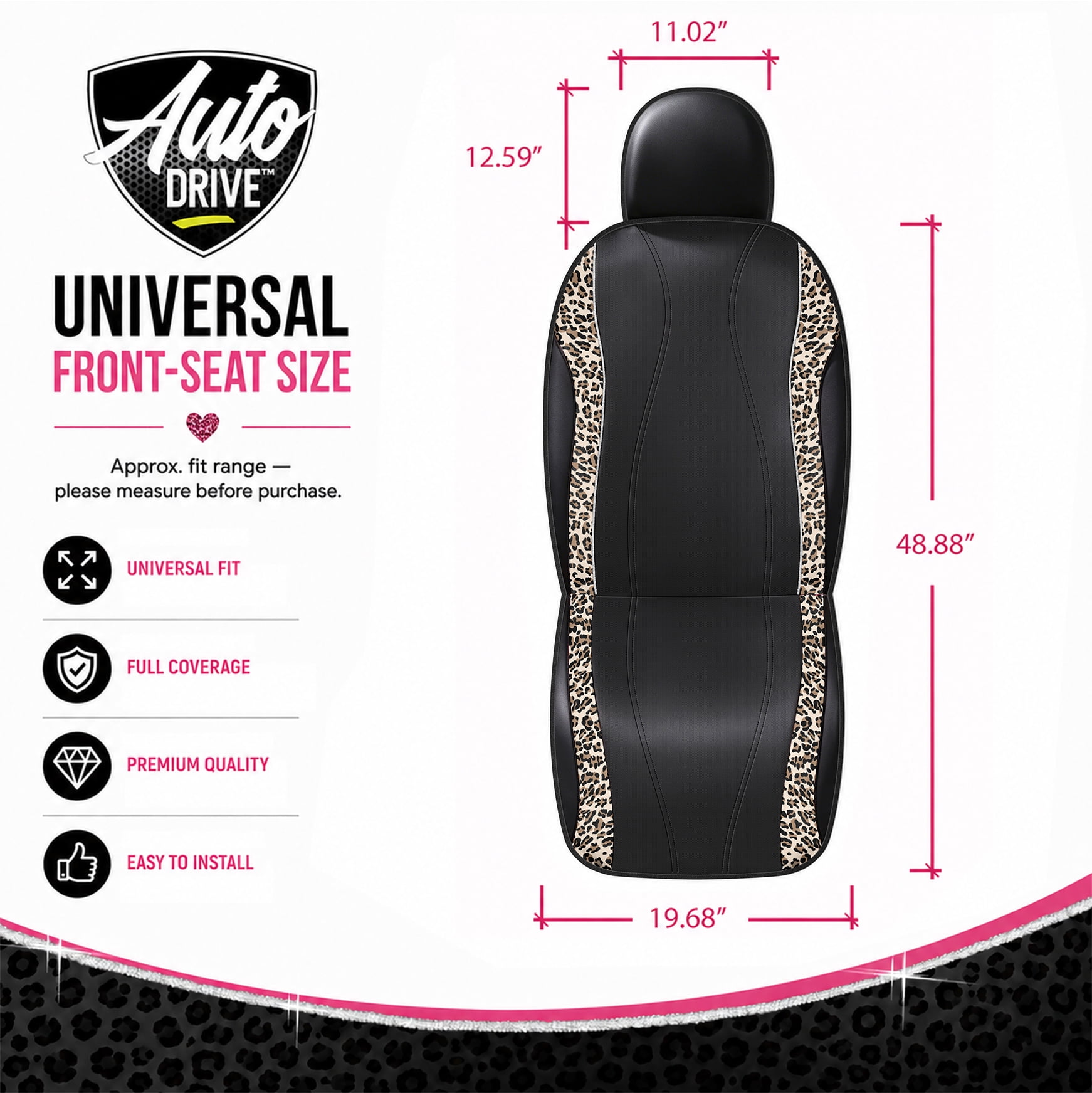 Auto Drive Car Seat Covers , Fashion Seat Covers,Leopard Print & Rhinestone Trim Front Seat Covers, Universal Fit, Airbag Compatible for Cars, SUVs and Trucks,Brown