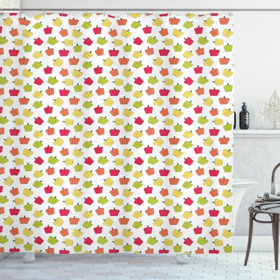 Peppers Shower Curtain, Cartoon Style Nursery Kitchen Themed Arrangement of Peppers Cooking Baking Pattern, Fabric Bathroom Set with Hooks, 69W X 84L Inches Extra Long, Multicolor, by Ambesonne