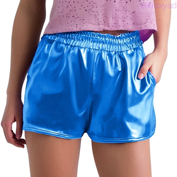 Lixiuxyad Summer Casual Shorts Women's Metallic Shorts Shiny Pants With Elastic Waist Hot Rave Dance,Blue L