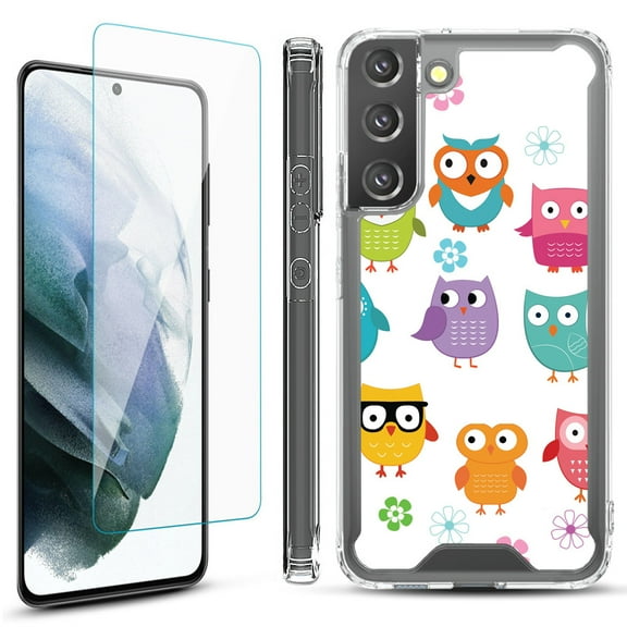 Shockproof Bumper Phone Case for Samsung Galaxy S22  / S22 Plus 5G, with Tempered Glass Screen Protector, by OneToughShield ® - Happy Owl