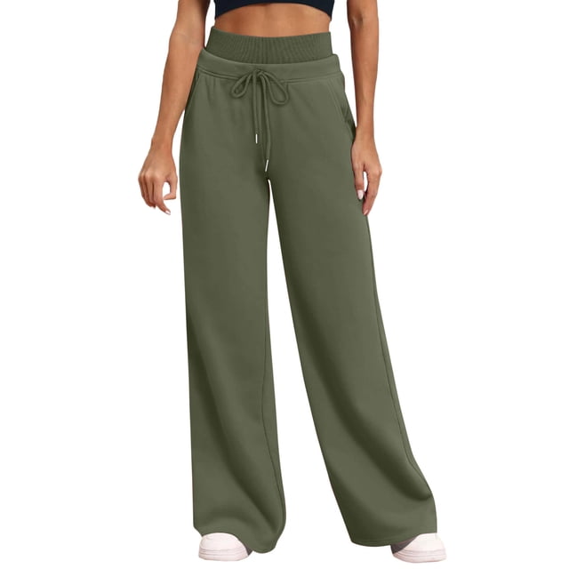 Double Waist Wide Leg Pants for Womens Drawstring Elastic Waist Sweatpants Stretch Elastic Waist Athletic-Fit Baggy Trouser Light Breathable Trousers with Pockets