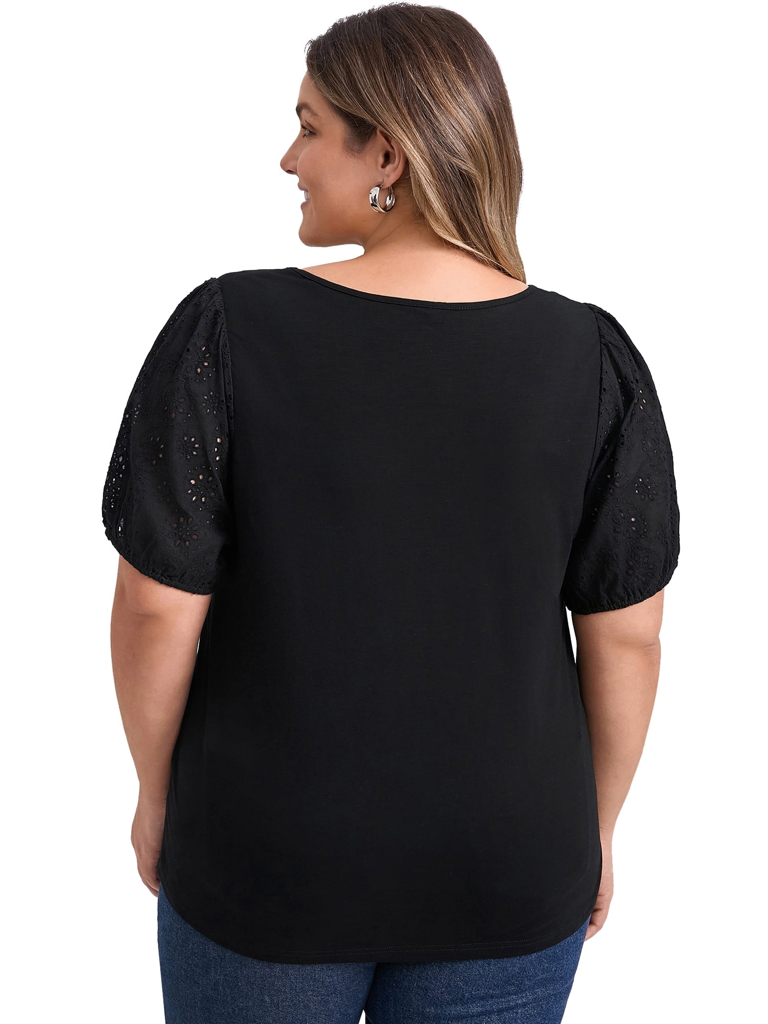 DARING DIVA Women's Plus Crew Neck Embroidered Short Sleeve Blouse 1X Black