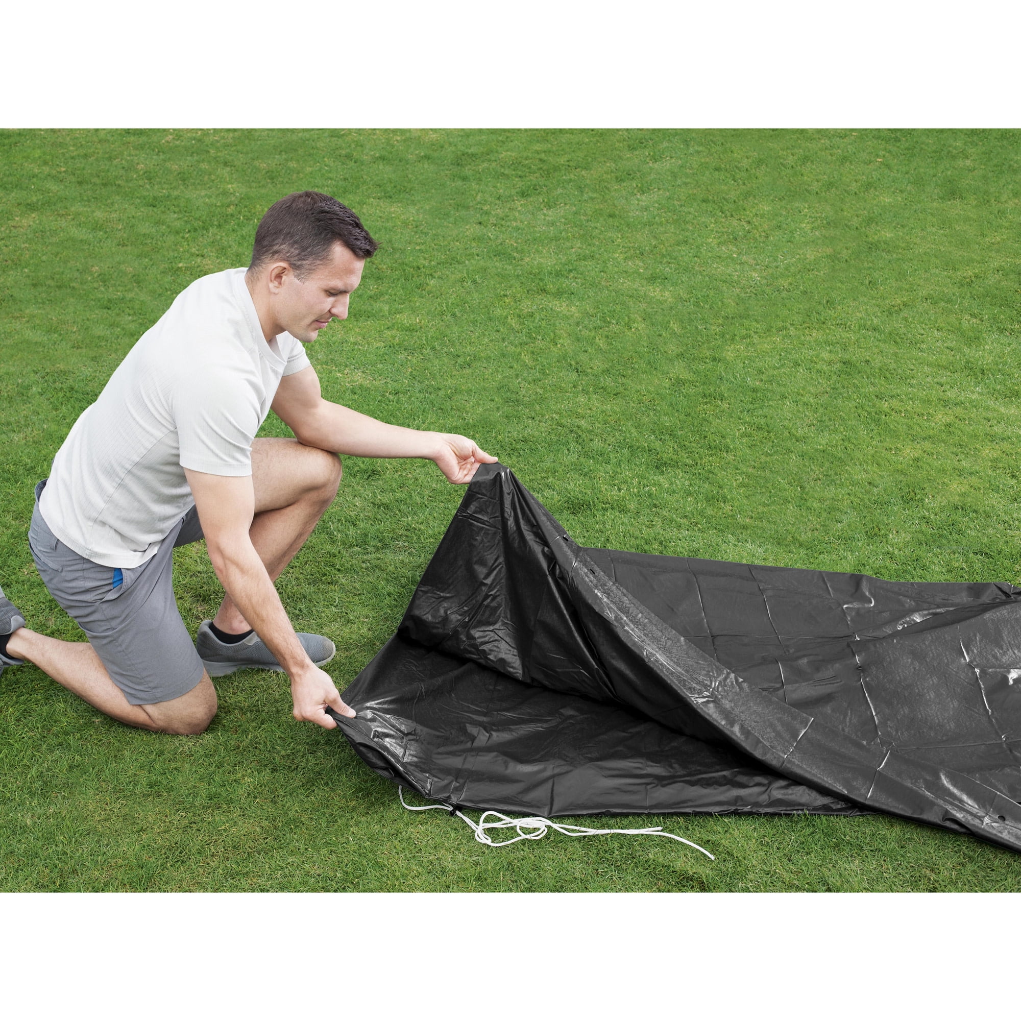 Bestway: Round Pool Cover - 12 Foot, Black - Above Ground Pools Accessory, Drainage Holes, Built-In Rope Secure, Water Protector, Block Debris & Dirt