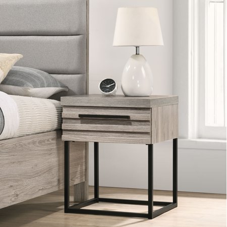 Roundhill Furniture Alvear Contemporary Wood Nightstand with Metal Base Weathered Gray