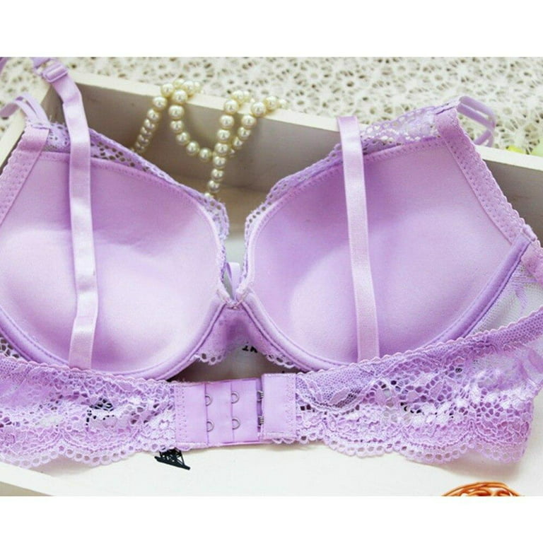 French Transparent Bra Romantic Temptation Lace Bra Young Women Underwear  Set Push Up Bra and Panty Set Purple 70 