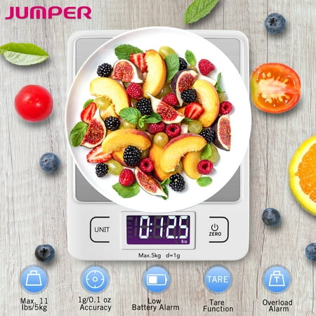JUMPER Digital Kitchen Scale Multifunction Food Scale, 11 lb 5 kg, LCD Display, Stainless Steel Silver Multifunction Garden Food Cooking Baking Jewelry Scale