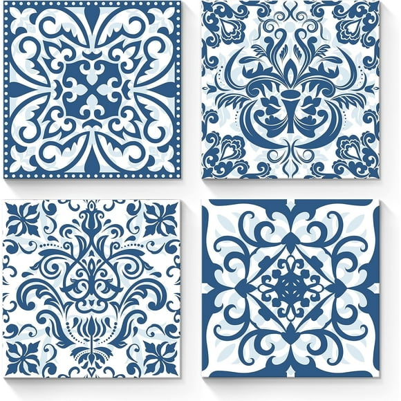 Vintage Flower Pattern Canvas Print: Navy Blue and White Bohemian Wall Art Abstract Mandala Picture Beautiful Floral Painting 4 Pieces Modern Artwork for Bedroom Bathroom Ready to Hang