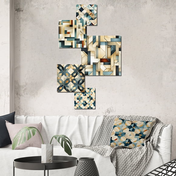 Designart "Time-Worn Charm In Beige Vintage Tiles" Geometric Wall Art Set Of 5 - Teal Modern Office Room Metal Wall Art Set