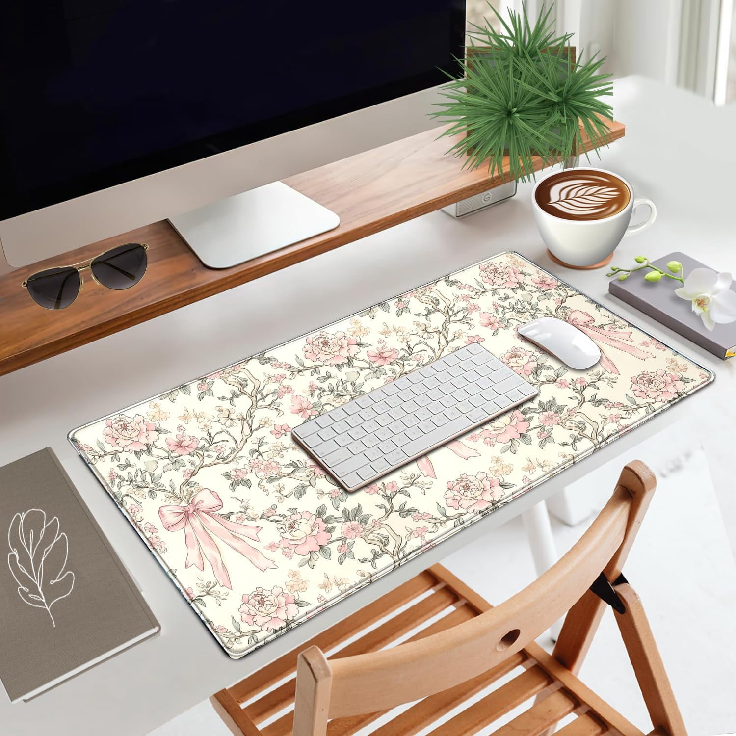 Floral Desk Mat Vintage Chinoiserie Large Mouse Pad Coquette Aesthetic Office Decor Flower Pink Bow Gaming Pad Cottagecore Desk Decor 31.5x15.7 in