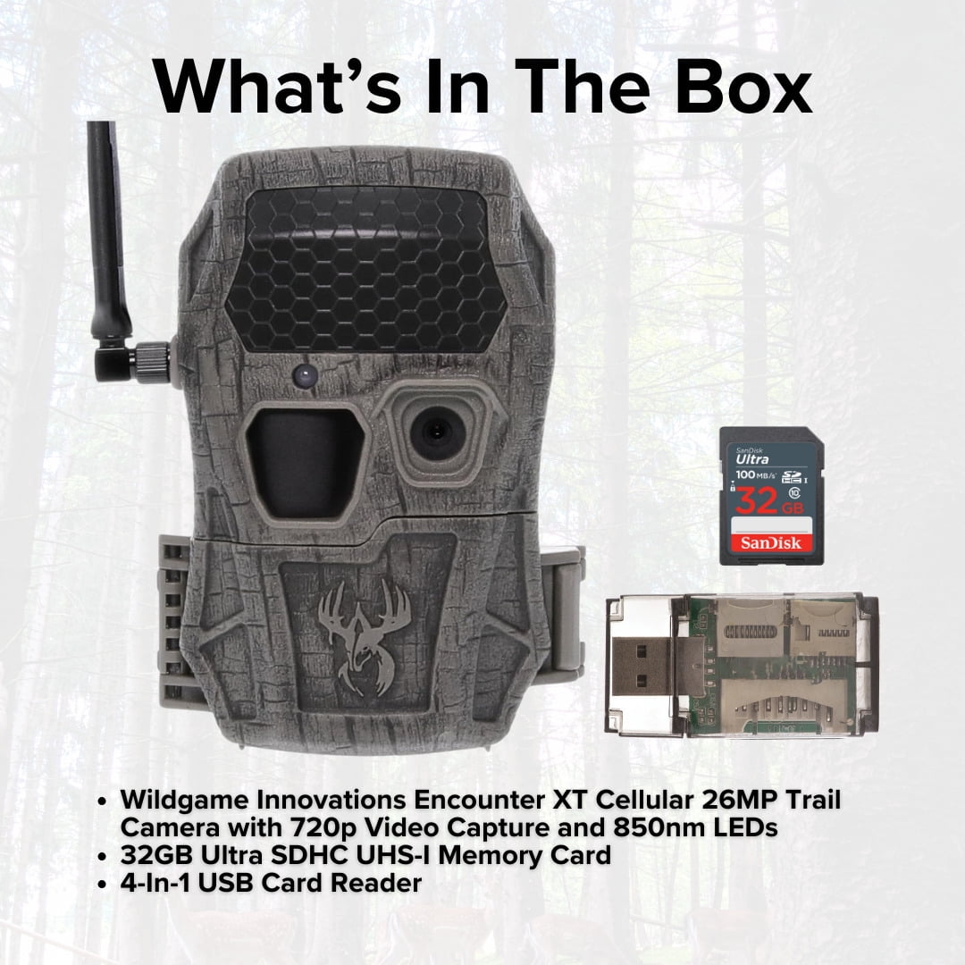 Wildgame Innovations Encounter XT Cellular 34MP Trail Camera with 720p Video Capture Bundle with 32GB Ultra SDHC UHS-I Memory Card and 4-In-1 USB Card Reader (Black) (3 Items)