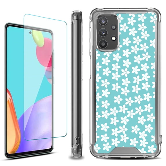 Shockproof Bumper Phone Case for Samsung Galaxy A53 5G, with Tempered Glass Screen Protector, by OneToughShield ® - Flower/Teal