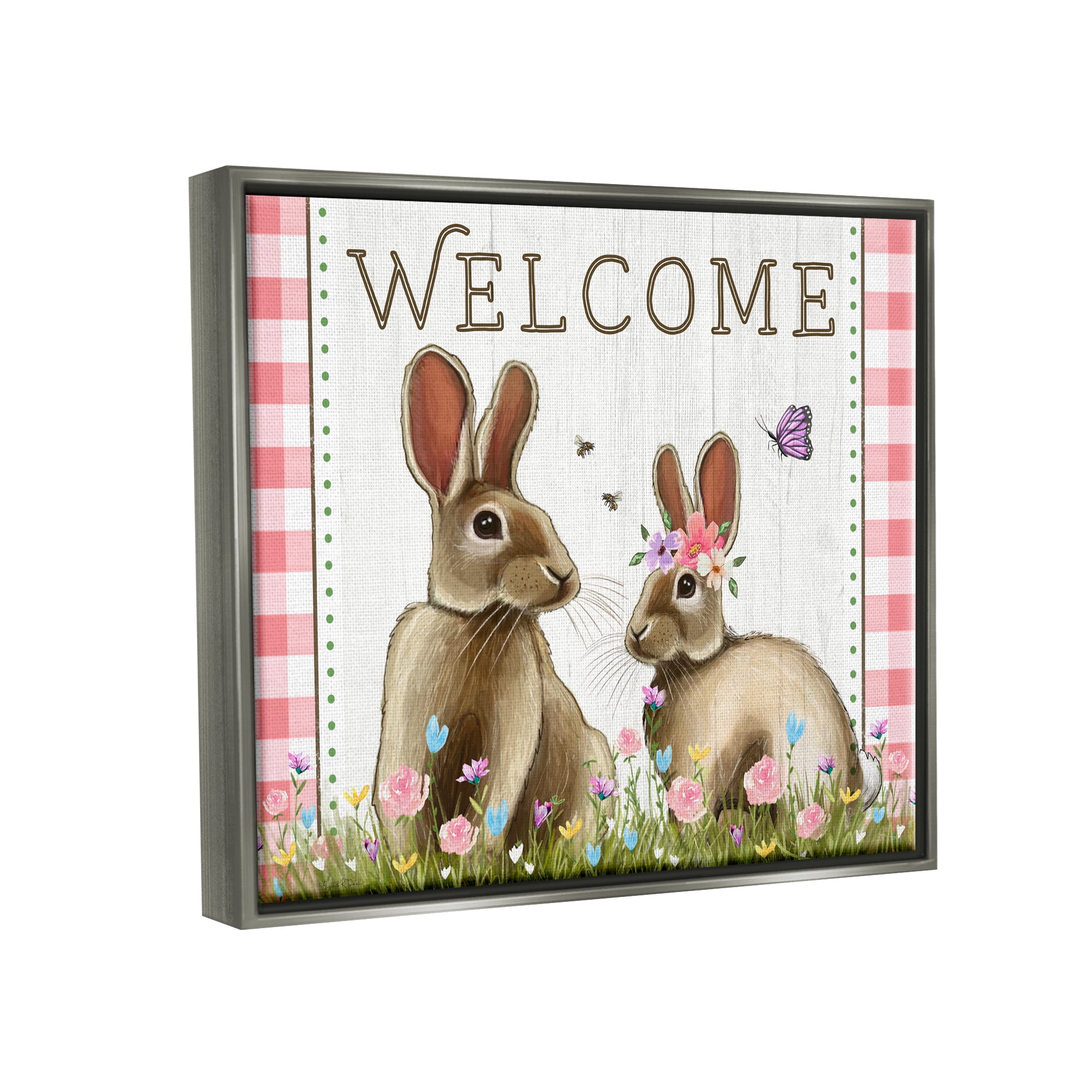 Stupell Welcome Plaid Spring Garden Rabbits Holiday Painting Gray Floater Framed Art Print Wall Art