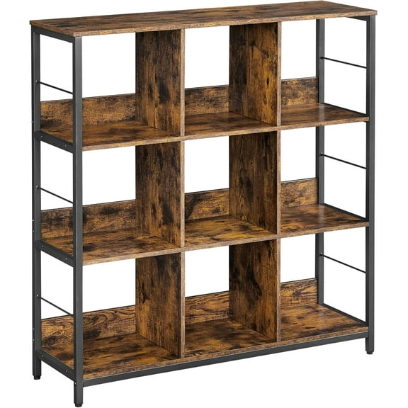 VASAGLE Bookshelf, Bookcase, 9 Cubes Storage Organizer, Industrial Open Display Shelf, for Bedroom, Office, Living Room, Metal Frame, Rustic Brown and Black ULLS112B01