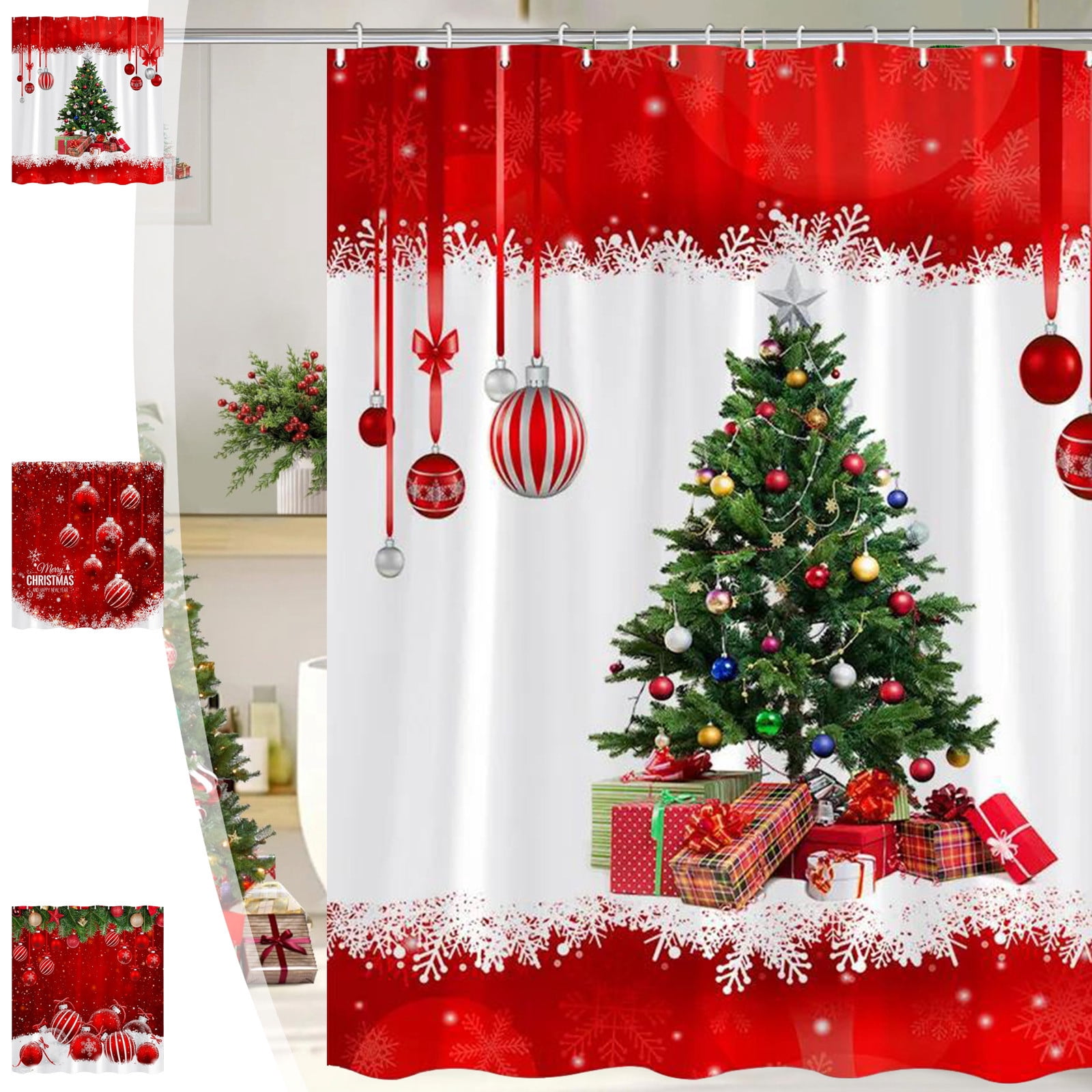 Christmas Winter Shower Curtain – Red & Grey Snowflake Bathroom Decor, 72x72 Inches, Water Repellent - View #2