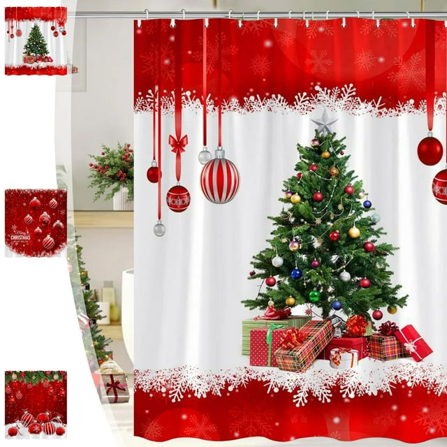 Sentmoon Shower Curtains for Bathroom Bathroom Shower Curtain Christmas Ball Shower Curtain Festive Colorful Christmas Ball Green Candy Cane Branches Bathroom Decor Curtain