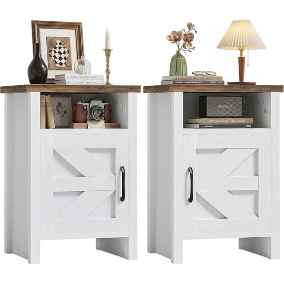Farmhouse Nightstand, Modern Bedside Table with Barn Door and Shelf, Rustic End Table Side Table for Bedroom, Living Room(2, Rustic & White)