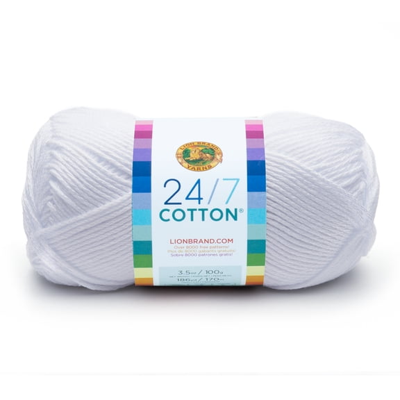 Lion Brand Yarn 24-7 Cotton White 761-100 Medium Mercerized Cotton 185 Yards 3.5oz Yarn