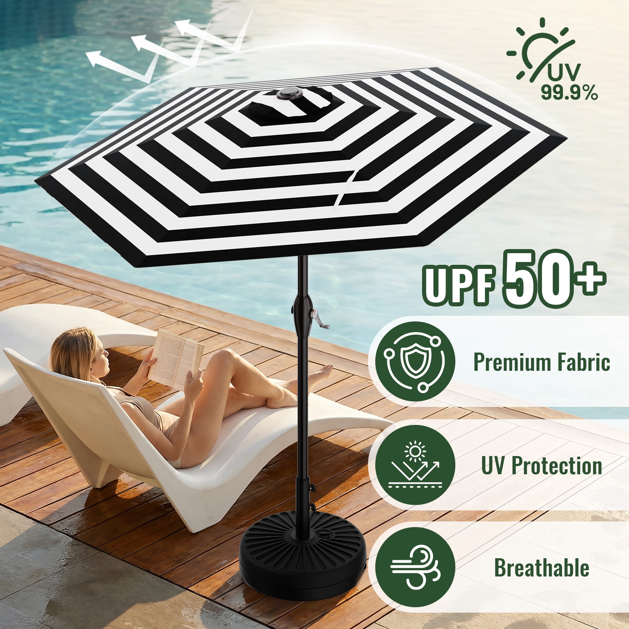 Easthome 7.5' Patio Umbrella Outdoor Table Market Umbrella with Smooth Crank handle, 6 Ribs, Backyard, Poolside, Garden - Black and white stripes