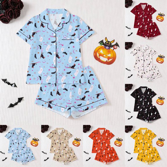 Halloween Womens Pajama Sets with Pockets Silk Satin 2 Piece Cartoon Ghost Pumpkin Button Down Short Sleeve Shirts Shorts Outfits Collar Loungewear Loose Casual Sleepwear Halloweens Christmas Gifts