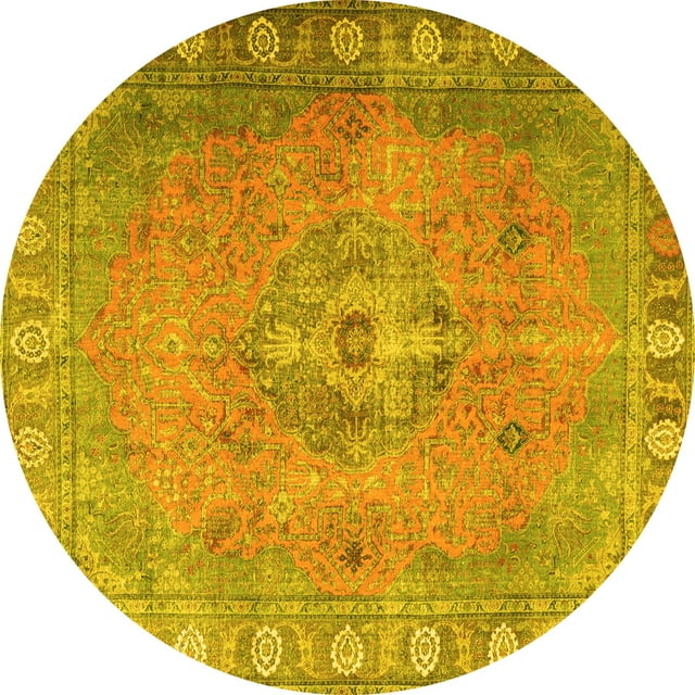 Ahgly Company Machine Washable Indoor Round Persian Yellow Traditional Area Rugs, 5' Round