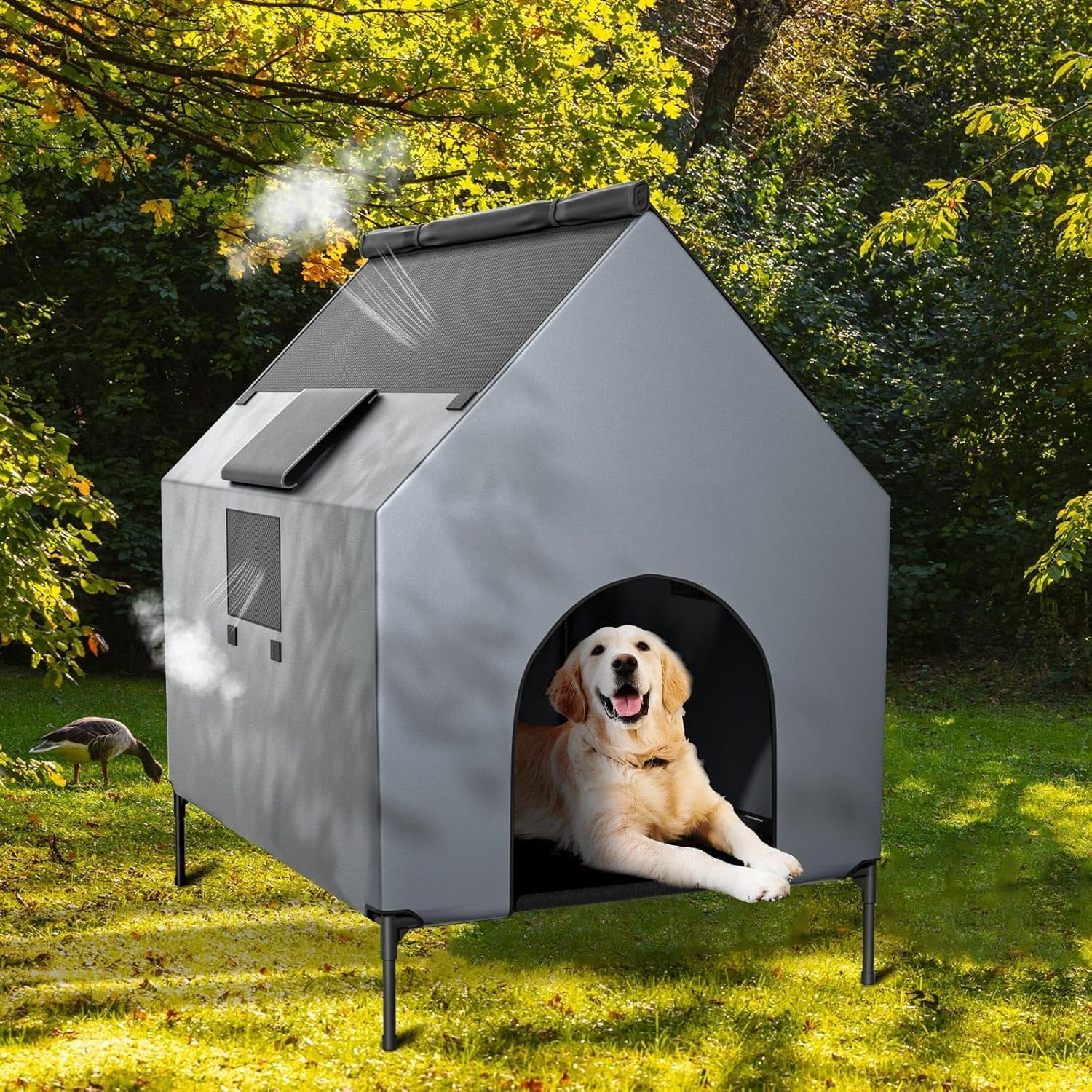 36" Dog House for Outdoor Indoor, Large Dog Houses Weatherproof 600D PVC with 7.9" H Textilene Elevated Dog Bed Breathable, Easy to Clean, Dog House Max 160lbs