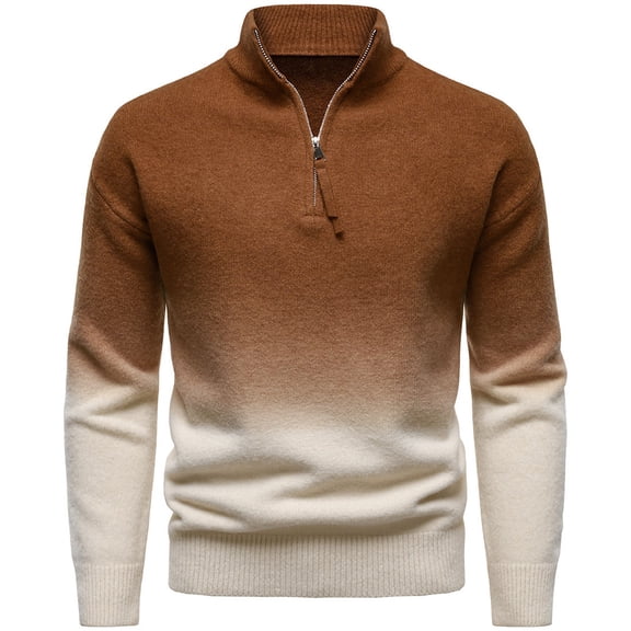 FAOWME Men Knitted Sweater Long Sleeve Stand Collar Gradient Half Zipper Fashion Warm Comfortable Pullover Top For Autumn Winter Daily Wear Brown L