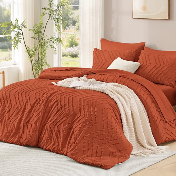 ANGENIA Burnt Orange Comforter for King Size Bed, 7 Pieces Terracotta Bohemian Rust Vintage Tufted Bed in a Bag King Fluffy Lightweight Bed Sets with Comforter, Sheets, Pillowcases & Shams