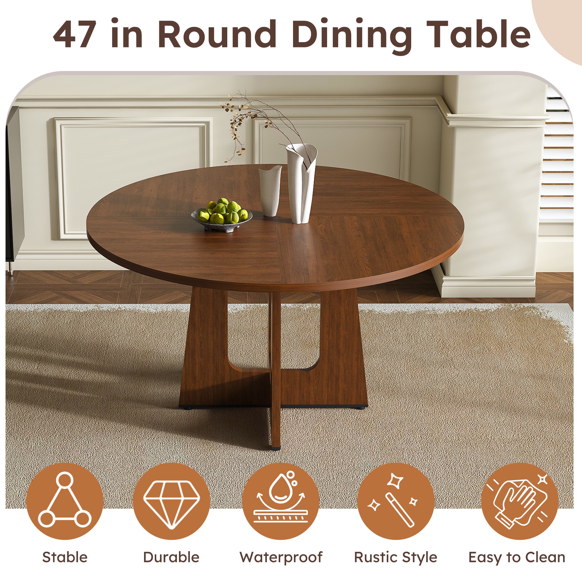 PORKISS 47" Coffee Table, Round Dining Table for 4-6 People, Modern Wooden Kitchen Table for Dining Room, Kitchen, Living Room, Wood Grain-Walnut (Only Table)