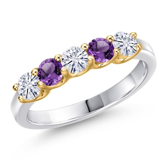 Gem Stone King 10K Two Tone Gold White Moissanite and Purple Amethyst Wedding-Bands Ring for Women | 0.80 Cttw | Round 3.5MM | Gemstone Birthstone | Size 5