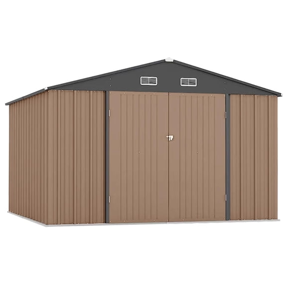 Metal Storage Shed 12x10 FT – Outdoor Garden Shed with Sloped Roof & Lockable Double Doors, Large Galvanized Steel Tool Shed for Backyard, Patio, Lawn or Yard – Brown