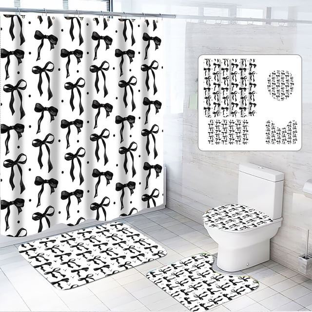 Dznils Juegos de Alfombra y Cortina de Ducha con Lazo Negro, Juegos de Cortinas de Baño de Tela Moderna de 16 Pzas, 72 "x 72"