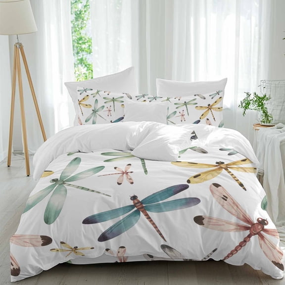 Dragonfly Full Size Comforter Set, Watercolor Colorful Wings Flying Bedding for All Seasons, 4 Pcs Bed Set, 1Quiltcover (86"x86") ,1Sheet(80"x116"), 2Pillowcases (30"x20")