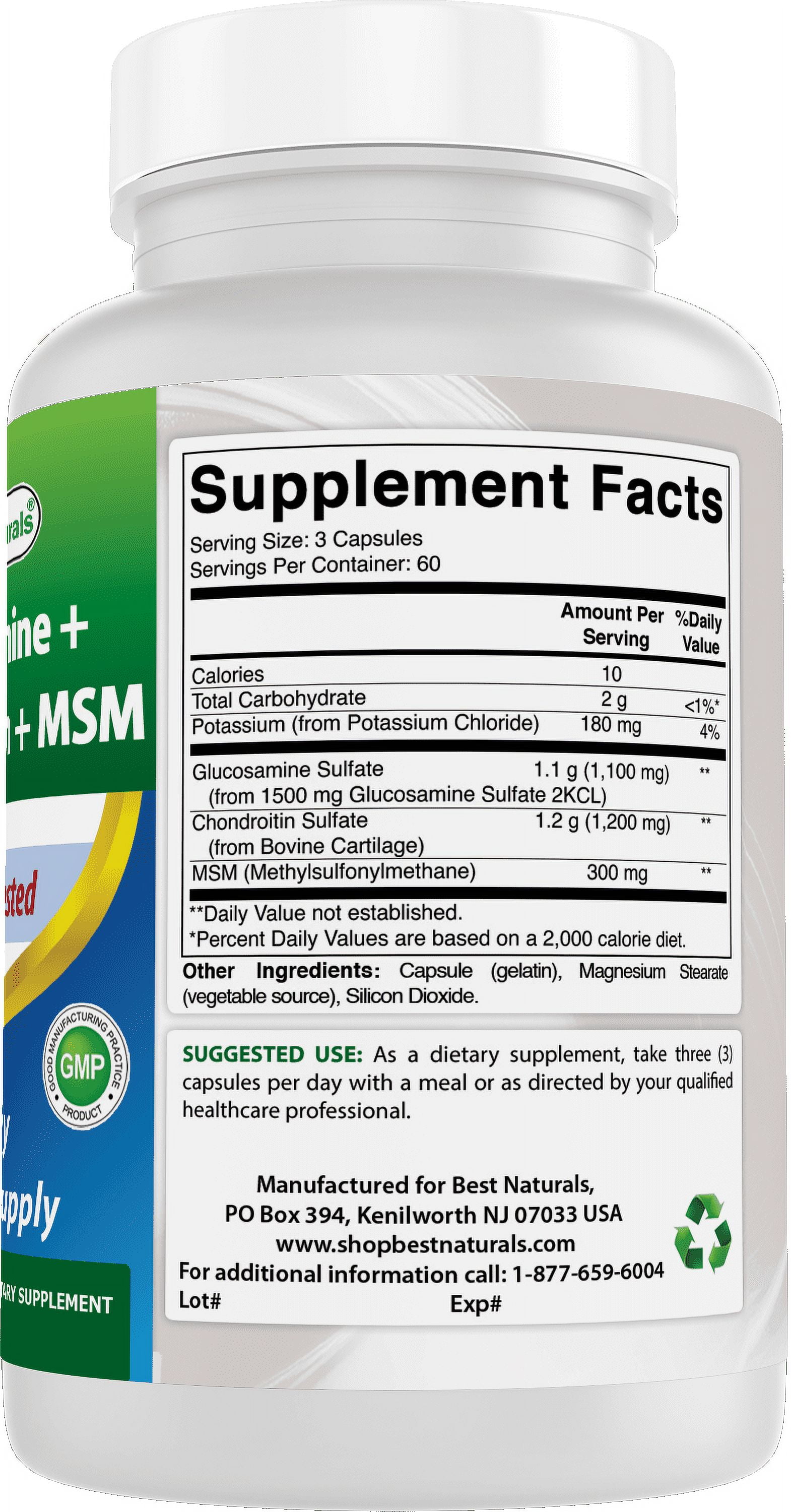 Best Naturals Glucosamine Chondroitin MSM Capsules, Joint Support Supplement, Gluten-Free, 3 Pack, 180 Ct
