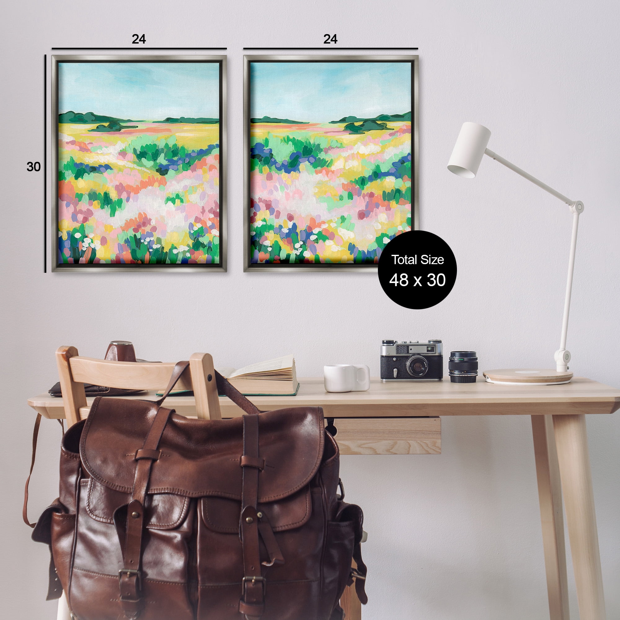 Stupell Industries Modern Country Meadow Landscape Painting Gray Floater Framed Canvas Art Print Wall Art, 25 x 31, Set of 2