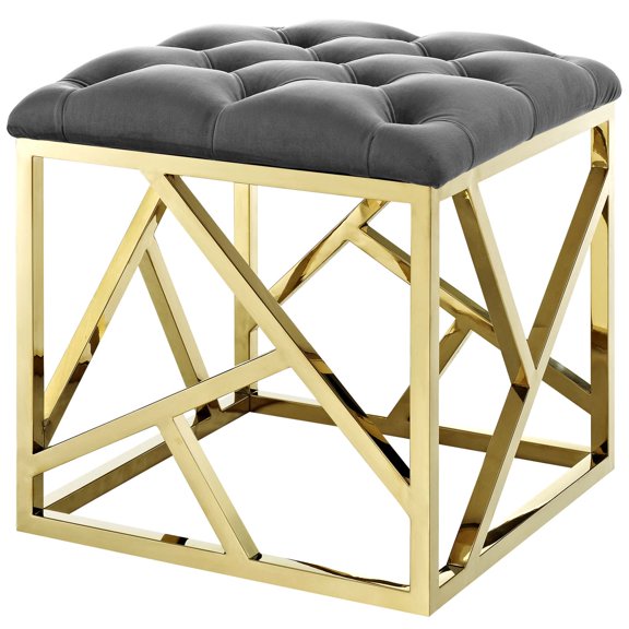 Modern Deco Contemporary Urban Design Living Room Lounge Club Lobby Accent Chair Ottoman, Velvet Fabric Metal Steel, Gold Gray