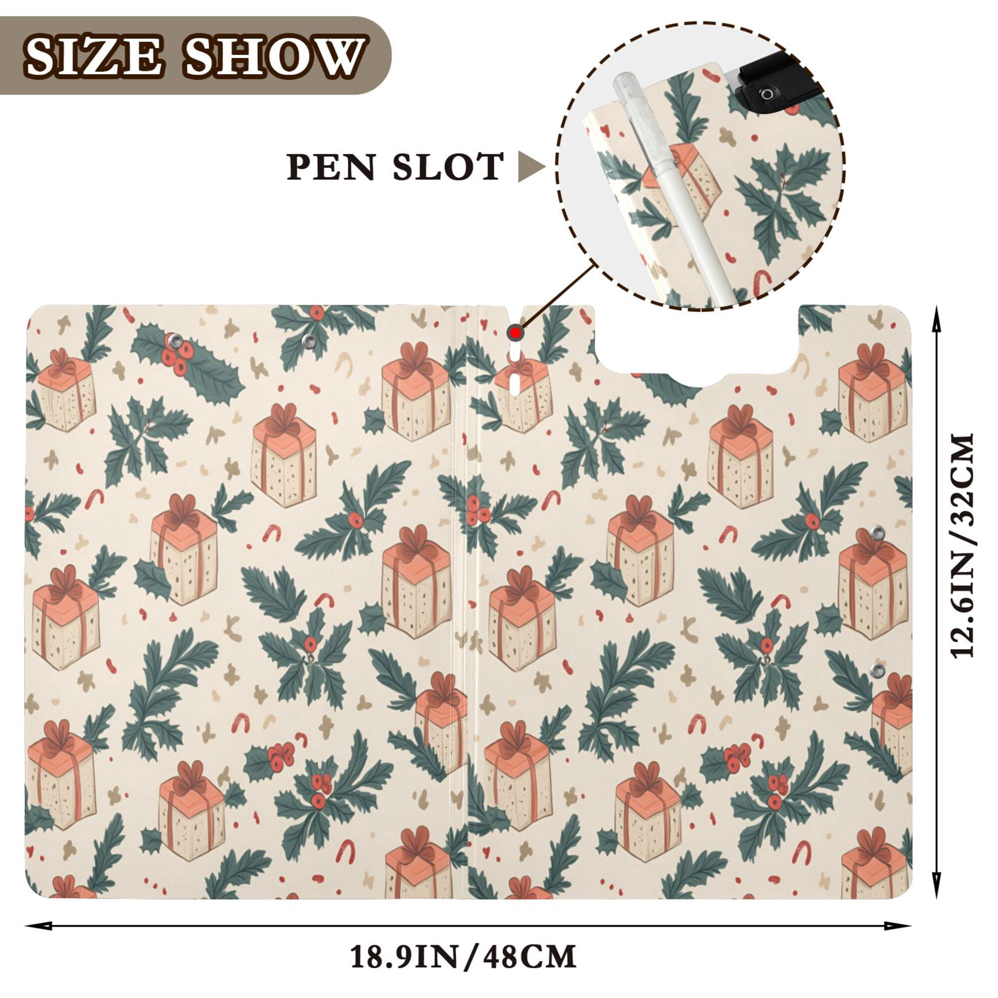 FORMRS A4 Clipboard Folder with Pen Holder Horizontal Foldable School Office Binder, Orange Christmas Gift Pattern