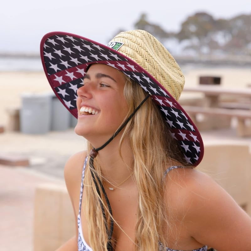 Straw Beach Hat - UPF 50+ Cotton Patriotic Under Brim Lifeguard with Drawstring- Large