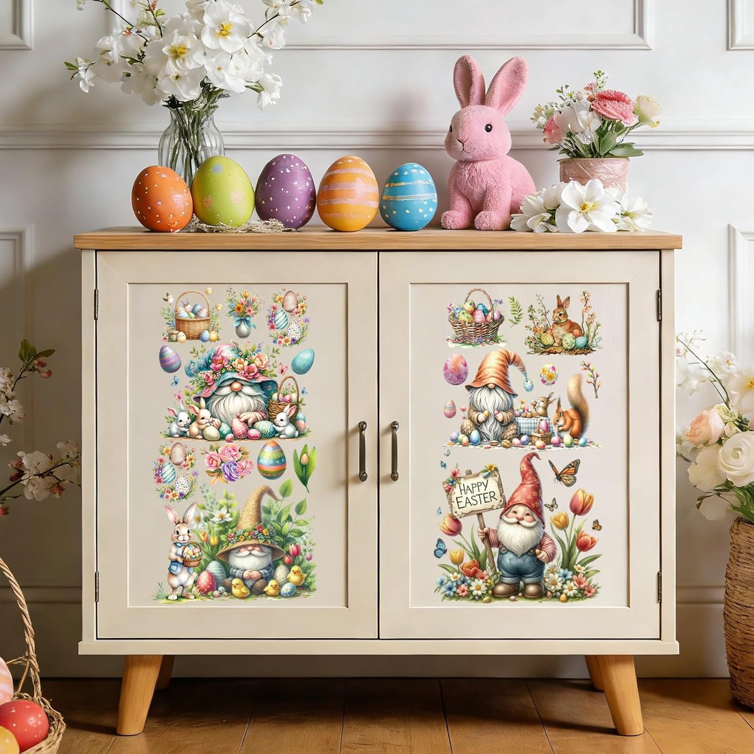 Easter Rub on Transfers for Crafts - 18 Pcs Bunny Gnome Rub on Transfers for Furniture Rabbit Egg Transfer Decals for Wood DIY Glass Home Decor 5.9x5.9 Inch