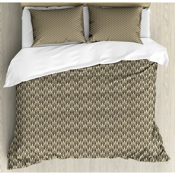 Abstract Duvet Cover Set, Vintage Symmetric Pattern of Pointy Sharp Art Deco Inspired Details, Decorative 3 Piece Bedding Set with 2 Pillow Shams, Calking Size, Beige and Dark Brown, by Ambesonne