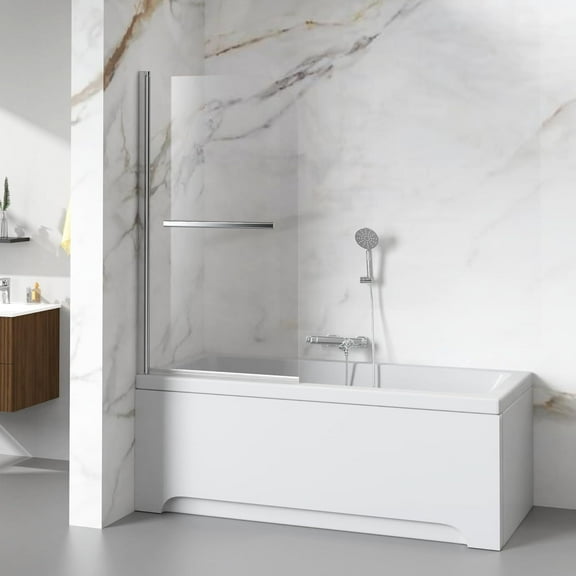 Goodyo Tub Shower Glass Panel 32" x 55" Frameless Pivot Shower Screen for Bathtub, Towel Bar Handle, Reversible Installation, Chrome