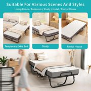 Twin Folding Bed with Mattress, 75 x 38 Portable Rollaway Bed for Adults, Metal Frame Foldable Guest Bed with Memory Foam Mattress, Daybed or Extra Sleeping Space with Side Storage Pocket