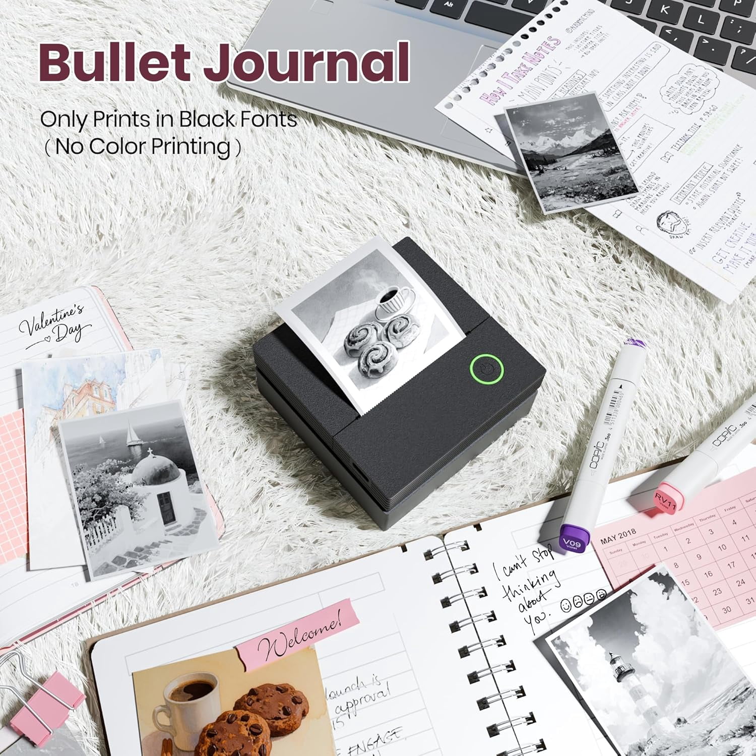 PM290C Portable Sticker Printer, inkless Bluetooth mini printer with 3 paper rolls. For notes, journaling, DIY. Ideal gift for school, office, Christmas. Black