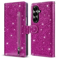 ELEHOLD Stylish Flip Wallet Case for Samsung Galaxy Z Fold 7,Bling Glitter Leather Zipper Pocket Card Slots Kickstand Function Magnetic Clasp Detachable Lanyard Purse Case,Purple