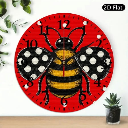 Patifu Knitted Bumblebee Red Dots Pattern 10 Inch Round Wooden Wall Clock Silent Sweep Movement 10x10in