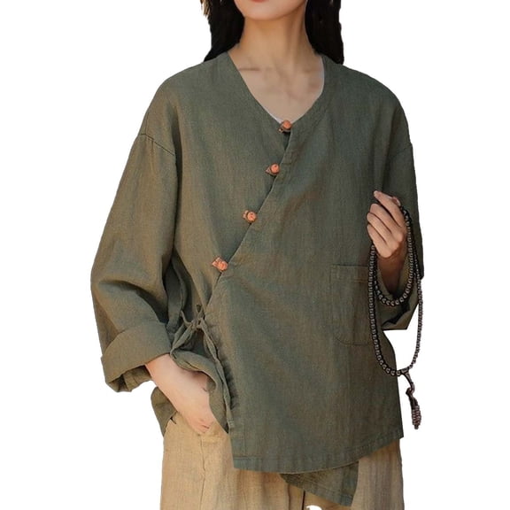 Uootdi Business Casual Outfits for Women V Neck Linen Asymmetric Button Long Sleeve Shirts Office Commute Daily Wear Blouses Gift
