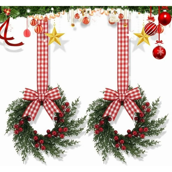 Christmas Mini Wreaths, Set of 2 Small Artificial Cabinet Rings with Bows and Berries, Holiday Door Window Decor, Hanging Indoor Outdoor Decorations
